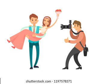 Family photographer making photos of just married couple vector isolated on white. Photo reporter takes pictures of groom holiding pretty bride on hands