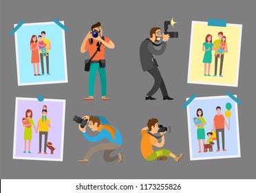 Family photographers with digital cameras taking photos. Man making pictures of parents and children. Samples of studio works hanging on wall vector