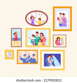 Family Photographs. Families Photo In Frame On Wall, Memory Pictures Generations Portraits Happy Moments Nostalgic Memories Wedding Affection People Flat Swanky Vector Illustration Of Portrait Family