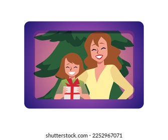Family photography portrait of child and mother in frame hanging on the wall, flat vector illustration isolated on white background. Family and childhood happy moments.