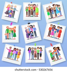 Family photography set. Happy photos of family members with different clips. Close relationships concept. Best memories on picture. Parenthood concept. Several generations. Vector illustration