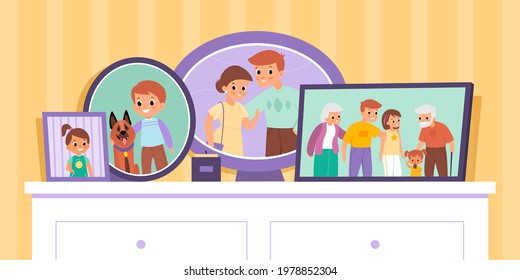 Family photos. Cartoon pictures in frames on dresser in room. Photos of relatives. Portraits in square and round frameworks. Snapshots of parents and children. Vector interior decorations