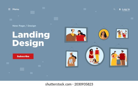Family photos in frames vector illustration. Pictures of grandparents couple, young parents with kid, children with pet, graduation on wall. For photography, memory, generations, home, gallery concept