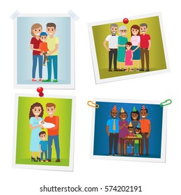 Fotos familiares con momentos felices colocados en galería sobre blanco. Afiche vectorial con los padres sosteniendo al hijo en las manos; hija cercana a los padres y abuelos; pareja con recién nacido; celebración de cumpleaños