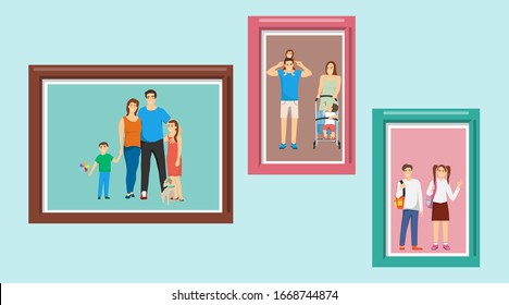 Family Photos On The Wall. Set Of Family Photos On A Green Wall. The Whole Family In The Photo. Vector Illustration. Vector.