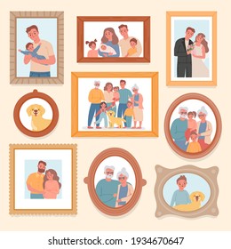 Family photos. Parents and kids portrait in frames. Memory pictures with wedding, grandparents, newborn baby. Big families vector photograph