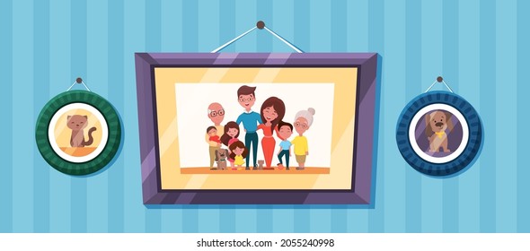 Family photos with Parents and kids portrait in frames. Memory pictures with grandparents, children and pets. Vector cartoon illustration