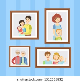 Family Photos Set, Pictures in Wooden Frames Hanging on the Wall Vector Illustration