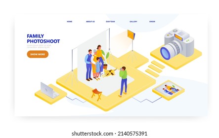 Family photoshoot in studio with pet dog, landing page design, website banner vector template.