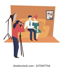 Family photoshoot in studio with photographer isolated vector. Man and woman on couch and guy with digital camera on tripod, spotlight or projector. Professional shooting or photoset, married couple