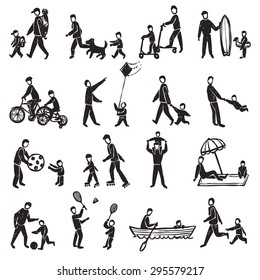 Family physical activity walking rollers badminton and other sport and rest sketch silhouette isolated vector illustration  