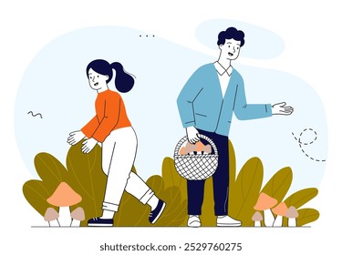 Familia recogiendo setas. Hombre y niña seleccionan productos frescos y orgánicos. Cosecha en el bosque. Prado otoñal en la temporada de otoño. Ilustración vectorial lineal aislada sobre fondo blanco