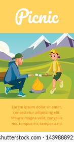 Family Picnic Banner. Cartoon Father Son Grill Marshmallow on Bonfire Vector Illustration. Forest Camp. Man Boy Forest Camping. Dad Kid Travel Together. Summer Vacation, Holidays Time