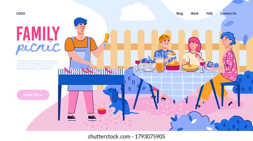 Family picnic banner - father cooking barbecue meal for cartoon family at outdoor dining table. Happy people eating BBQ food in summer garden, vector illustration.