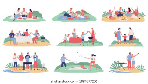 Family picnic barbecue flat set with people eating and having fun outdoors isolated on white background vector illustration