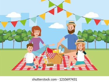 family picnic with basket in the tablecloth decoration