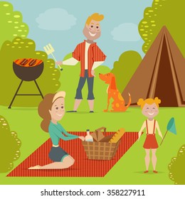 Family picnic. Bbq party concept. Cartoon vector illustration