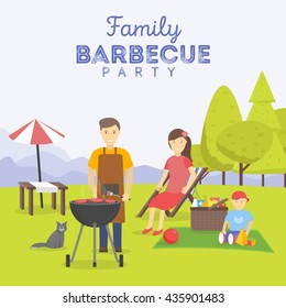 Family picnic. Bbq party. Food and barbecue, summer and grill. Vector illustration