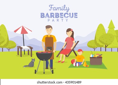 Family picnic. Bbq party. Food and barbecue, summer and grill. Vector illustration