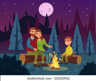 Family picnic by fire at night. Father character tells stories mother and son. Vector flat cartoon illustration