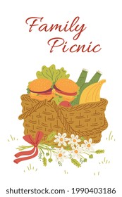 Family Picnic Card Or Banner Design With Food Basket And Bouquet Of Flowers, Flat Vector Illustration On White Background. Summer Family Picnic Occasion Invitation Card.