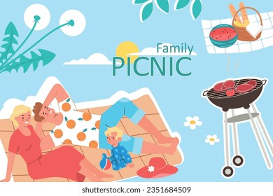 Family picnic collage with tasty snack in basket grill and happy relaxing family flat vector illustration