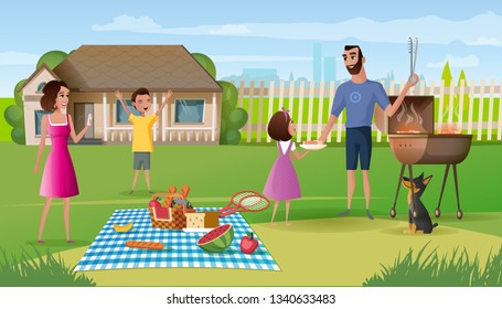 Family Picnic In Countryside Cartoon Vector. Happy Parents Spending Time With Kids, Eating Snacks, Cooking Steaks On Barbeque Grill, Playing With Dog, Making Selfie Photos On House Yard Illustration