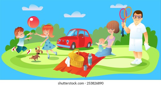 Family picnic. Dad plays badminton, Mamas got food and watching an infant brother and sister playing ball with the dog on the lawn of the car is worth