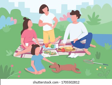 Family picnic flat color vector illustration. Parents with children have dinner in park. Mom and dad sit on blanket. Kid play with dog. Relatives 2D cartoon characters with interior on background