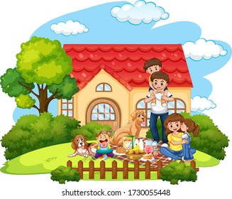 Family picnic in front of the yard illustration