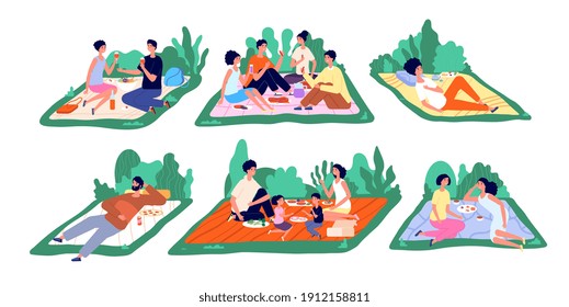 Picknick bei der Familie. Frische Naturpicknicks, flache Familien essen draußen zusammen. Cartoon-Leute entspannen, Paare Wochenend-Park-Freizeit-Vektor-Konzept