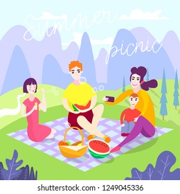 Family at a picnic. A girl blows soap bubbles, dad eats a watermelon, mom and son make a photo, against the backdrop of mountains and forests. Caption: "summer picnic". Vector illustration.