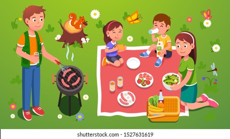 Family Picnic Grill. Relaxing & Enjoying Meal & Nature. Father Grilling Sausages, Mother Serving Salad, Son Kid Drinking Juice & Daughter Child Eating Taco On Grass On Summer Lawn. Flat Vector Illustr