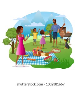 Family Picnic and Hike in Mountains Cartoon Vector Concept. African-American Father with Kids Cooking Meat on Barbeque Grill, Mother Taking Photos of Nature Illustration Isolated on White Background