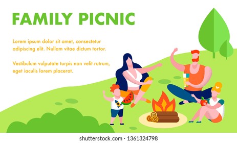 Family Picnic Lettering Flat Banner with Copy Space for Text Advertising of Active Summer Recreation Landing Page for Organization Agency Vector Illustration Mother Father Son Daughter around Bonfire