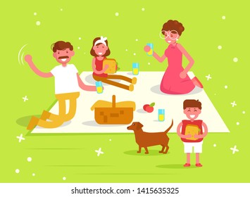Family picnic Mom, dad, son, daughter and dog Vector. Cartoon. Isolated art