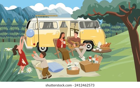 Family Picnic with Mountain Views. Vector Illustration of a Family Having a Picnic with a Beautiful Scenic Background.