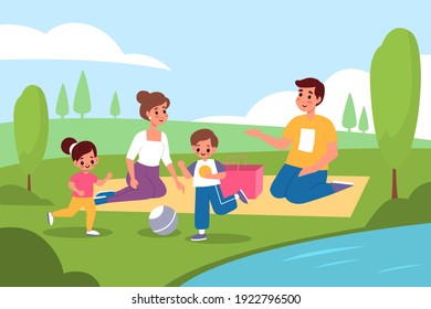 Family picnic in nature. Parents and kids walk in park, people on lake shore summer landscape, lunch outdoor, happy mom and dad, son and daughter together. Playing ball on grass vector cartoon concept