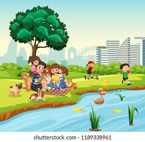 Family picnic next to duck pond illustration