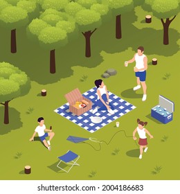 Family picnic on grass with cooling box food basket playing kids talking parents tablecloth isometric vector illustration