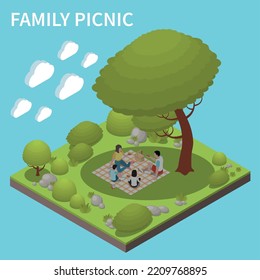 Family picnic outdoor isometric background with happy adults and children characters having snack on lawn under tree vector illustration