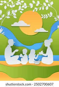 Family picnic outdoor scene nature paper cut style silhouette figures sun river trees