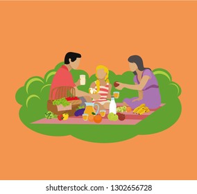 
Family Picnic outdoors, mom, dad, child,  vector illustration flat cartoon healthy food