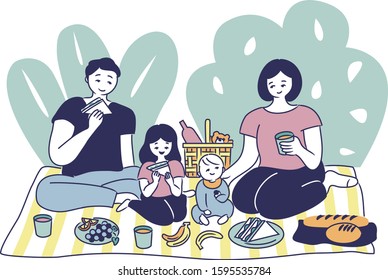 Family picnic. parents and 2 children. Vector illustration.