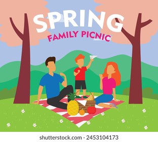 Family picnic in the park during Spring vacation flat vector illustration