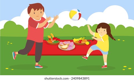 Family picnic in the park. Father and daughter play volleyball. Vector illustration