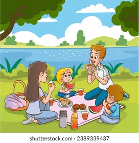 Family picnic in the park. Mother, father and children eating a sandwich and drinking juice. Vector illustration