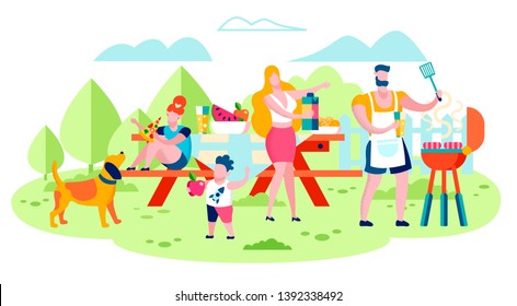 Family Picnic In Park, Outdoor Barbeque Party On Backyard Flat Vector Concept. Father Cooking Meat On BBQ Grill, Mother Drinking Juice, Son And Daughter Eating Snacks And Playing With Dog Illustration