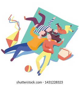 Family at picnic in the park. People, parents and children are lying on a blanket. Familys weekend outdoors holiday. Next kite and ball. Vector illustration