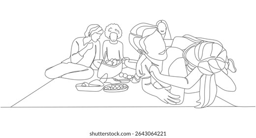 Family Picnic  Playtime – Minimalist Continuous‑Line BBQ and Sandbox Scene